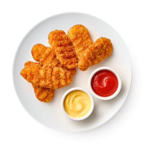 Большая порция стрипсы с сырным соусом и кетчупом , 6 шт