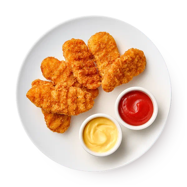 Большая порция стрипсы с сырным соусом и кетчупом , 6 шт