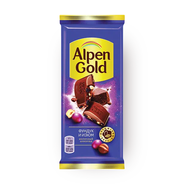 Шоколад Alpen Gold молочный с фундуком и изюмом