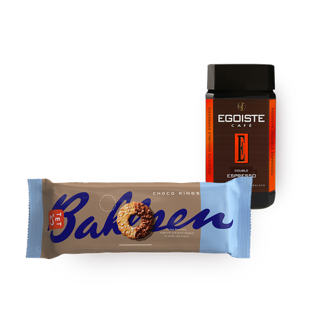 Кофе растворимый Double Espresso Egoiste и Печенье Bashlen Choco Rings, частично покрытое молочным шоколадом, посыпанное сахаром