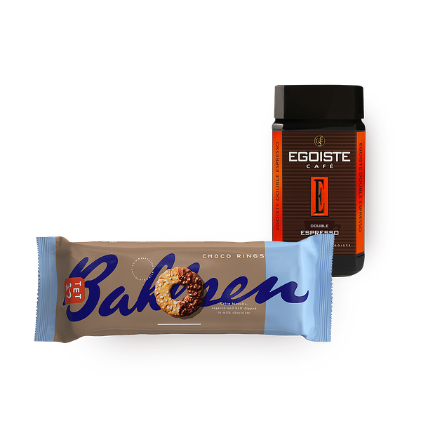 Кофе растворимый Double Espresso Egoiste и Печенье Bashlen Choco Rings, частично покрытое молочным шоколадом, посыпанное сахаром