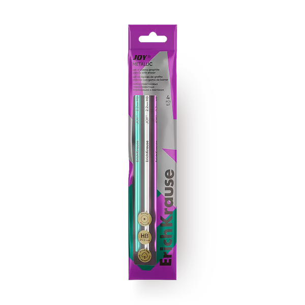 Карандаши чёрнографитные Erich Krause Joy Metallic HB с ластиком 4 шт
