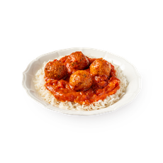 Madam Perez Chicken meatballs in tomato sauce comes with rice