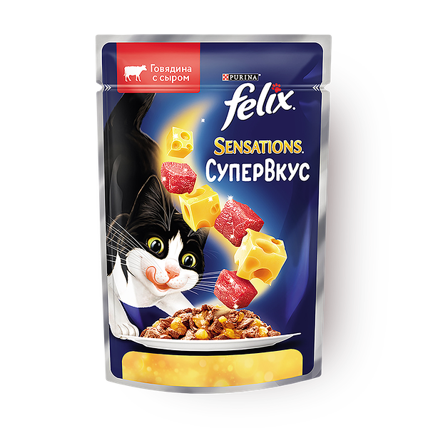 Влажный корм для кошек Felix Sensations Супервкус говядина с сыром