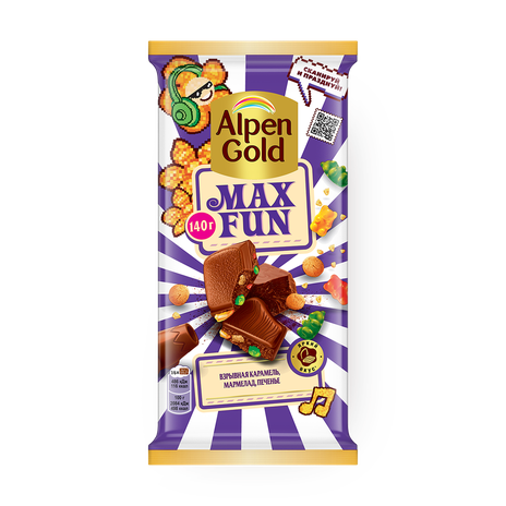 Шоколад молочный Alpen Gold Max Fun взрывная карамель, мармелад и печенье