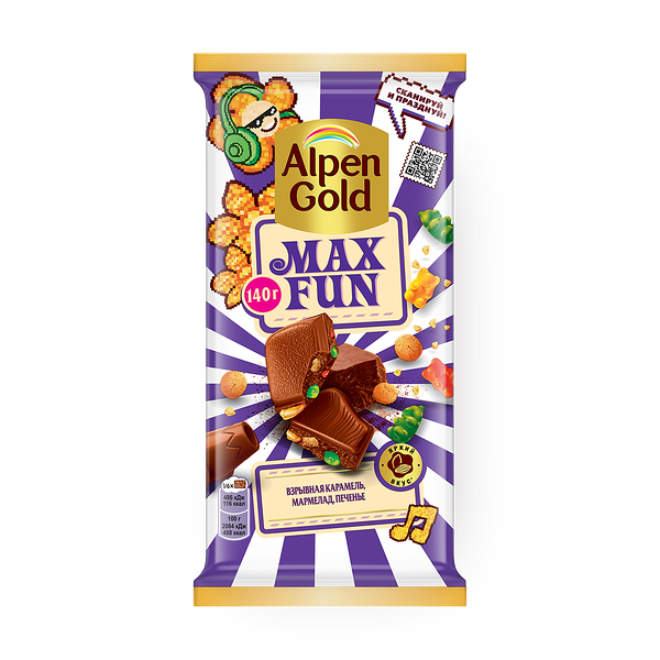 Шоколад Alpen Gold Max Fun взрыв­ная карамель-марме­лад-печенье