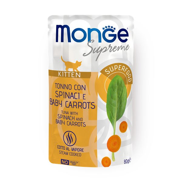 Влажный корм для котят Monge Supreme тунец со шпинатом и мини-морковью