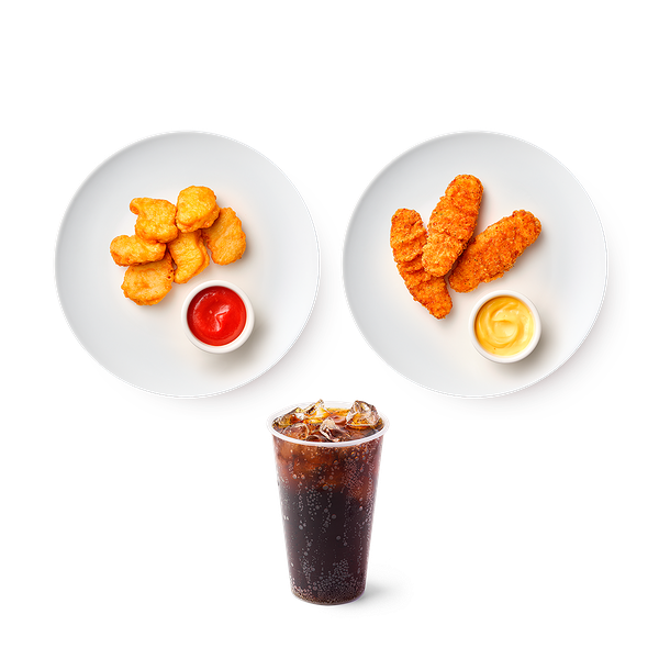 Малая порция Стрипсы с сырным соусом «Из Лавки», 3 шт, 95 g + Малая порция Наггетсы с кетчупом «Из Лавки», 6 шт, 95 g + Напиток Лимонад Coca-Cola со льдом «Из Лавки», 370 ml