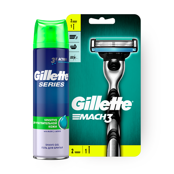 Бритва Gillette Mach 3 с двумя сменными кассетами, 2 pc + Гель для бритья Gillette Series для чувствительной кожи, 196 ml
