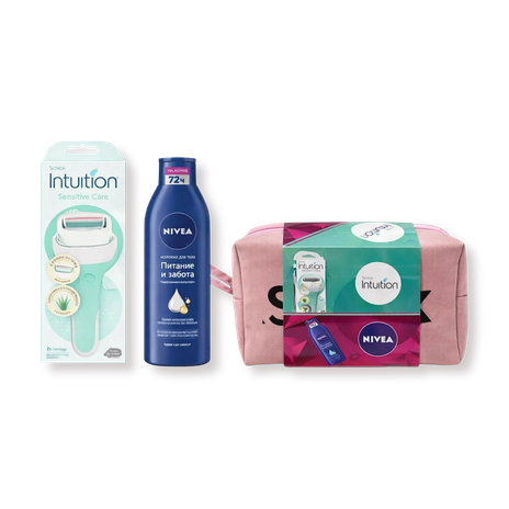 Набор подарочный Schick&Nivea Woman 2 в 1 Бритва Schick Intuition, средство по уходу за кожей Nivea и косметичка