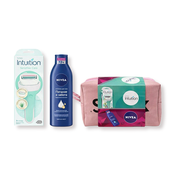 Набор подарочный Schick&Nivea Woman 2 в 1 Бритва Schick Intuition, средство по уходу за кожей Nivea и косметичка