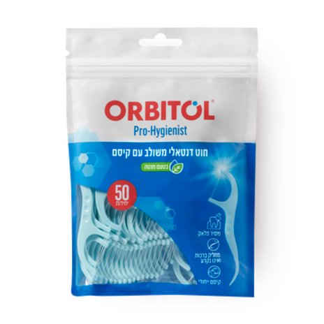 Orbitol dental floss combined with a toothpick