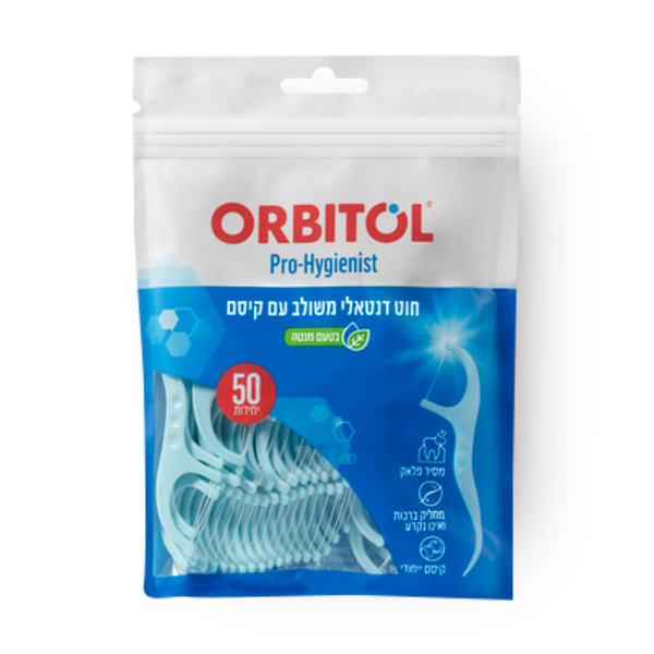 Orbitol dental floss combined with a toothpick