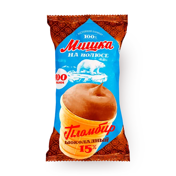 Мороженое пломбир шоколадный «Мишка на полюсе» в вафельном стаканчике