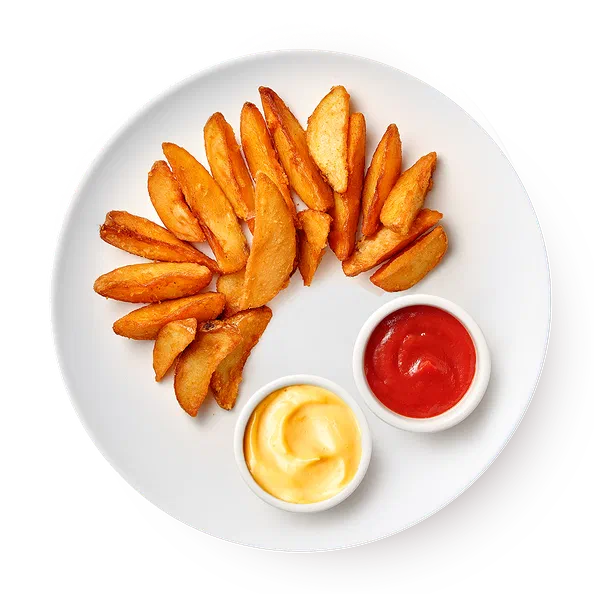 Большая порция картофельные дольки с соусом кетчупом и сырным соусом