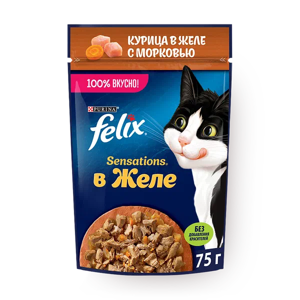 Влажный корм для кошек Felix Sensations курица в желе с морковью