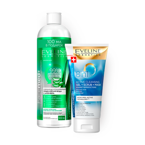Мицеллярная вода Eveline Facemed+ с алоэ вера 3 в 1 освежающе-успокаивающая, 500 ml + Очищающий гель Eveline Facemed+ 8 в 1 против несовершенства кожи, 150 ml