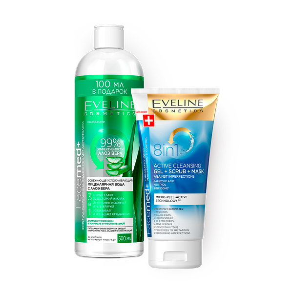 Мицеллярная вода Eveline Facemed+ с алоэ вера 3 в 1 освежающе-успокаивающая, 500 ml + Очищающий гель Eveline Facemed+ 8 в 1 против несовершенства кожи, 150 ml
