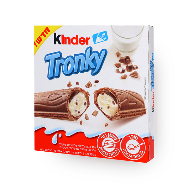 Kinder Tronky cocoa waffle filled with a layer of milk chocolate and milk cream