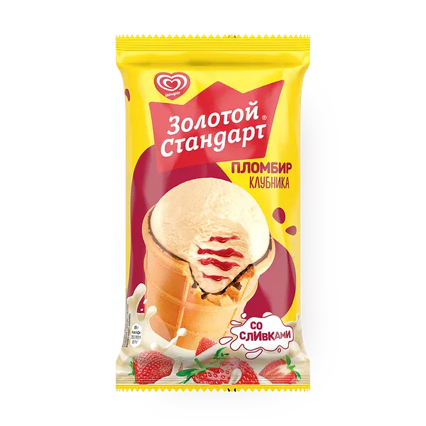 Мороженое пломбир «Инмарко» «Золотой стандарт» с клубникой в вафельном стаканчике