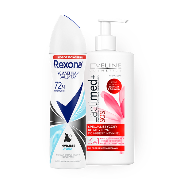 Дезодорант-антиперспирант Rexona Women Aqua, 150 ml + Гель для интимной гигиены Eveline Cosmetics Lactimed+ SOS Soothing 3 в 1 успокаивающий, 250 ml