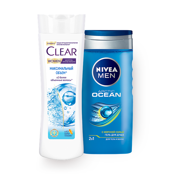 Шампунь против перхоти Clear максимальный объём, 380 ml + Гель для душа Nivea Men Ocean 2в1, 250 ml