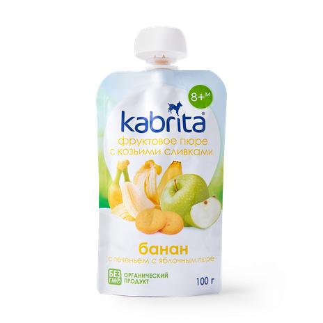Пюре Kabrita с козьими сливками банан с печеньем и яблочным пюре с 8 месяцев