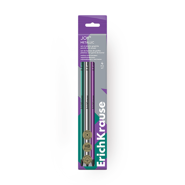 Карандаши чернографитные пластиковые ErichKrause Joy Metallic круглые с ластиком НВ