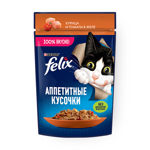 Влажный корм для взрослых кошек Felix Аппетитные кусочки с курицей и томатами в желе