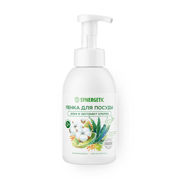 Пенка для посуды Synergetic алоэ и экстракт хлопка
