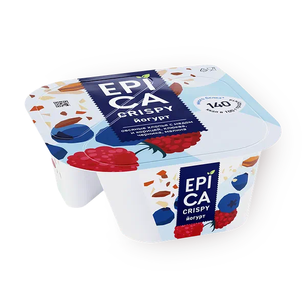 Йогурт Epica Crispy овсяные хлопья с мёдом и корицей, клюквой, черникой, малиной 6,5%