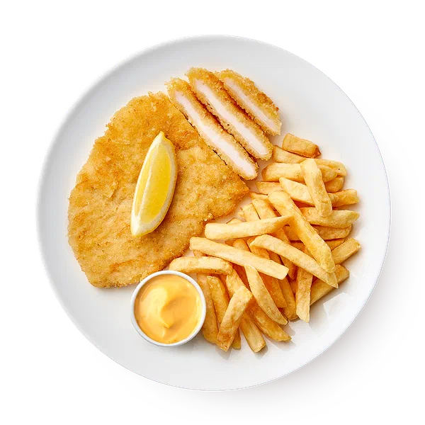 Шницель куриный с картофелем фри и соусом тысяча островов «Из Лавки»