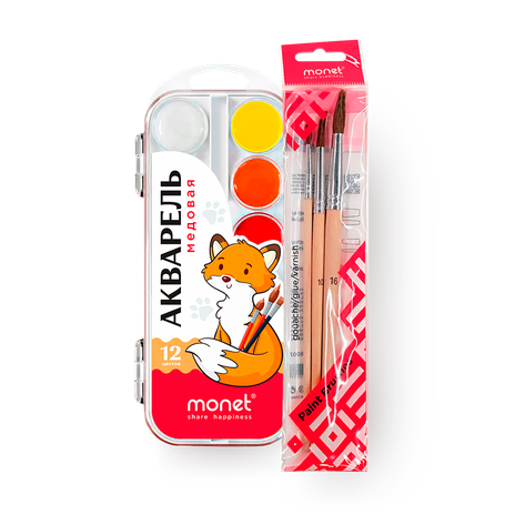 Набор кистей для рисования Monet круглые пони №4, 10, 16, 1 pc. + Краски акварельные Monet 12 цветов, 1 pc.