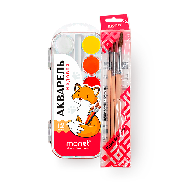 Набор кистей для рисования Monet круглые пони №4, 10, 16, 1 pc. + Краски акварельные Monet 12 цветов, 1 pc.