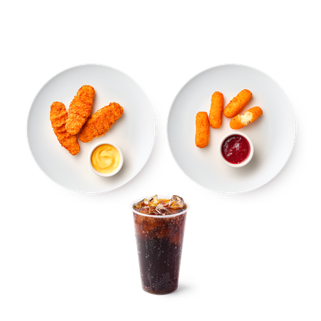 Малая порция Стрипсы с сырным соусом «Из Лавки», 3 шт, 95 g + Малая порция Сырные палочки с моцареллой и брусничным соусом «Из Лавки», 4 шт, 105 g + Напиток Лимонад Coca-Cola со льдом «Из Лавки», 370 ml