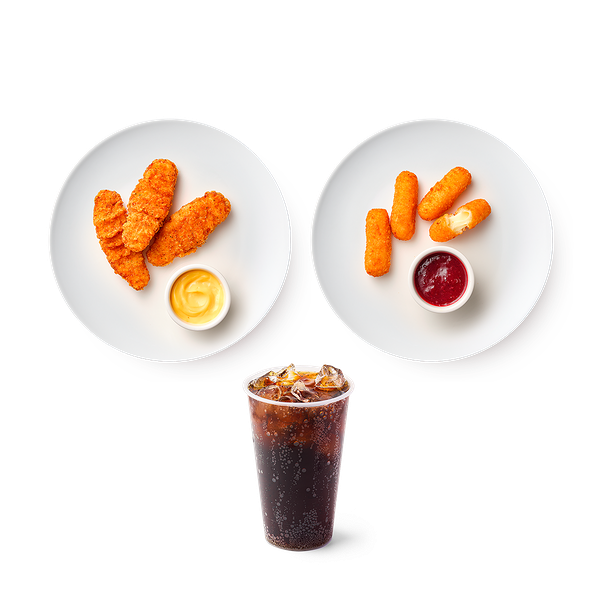 Малая порция Стрипсы с сырным соусом «Из Лавки», 3 шт, 95 g + Малая порция Сырные палочки с моцареллой и брусничным соусом «Из Лавки», 4 шт, 105 g + Напиток Лимонад Coca-Cola со льдом «Из Лавки», 370 ml