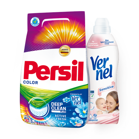 Стиральный порошок Persil Color, 3 kg + Кондиционер для белья Vernel Sensitive концентрированный, 960 ml