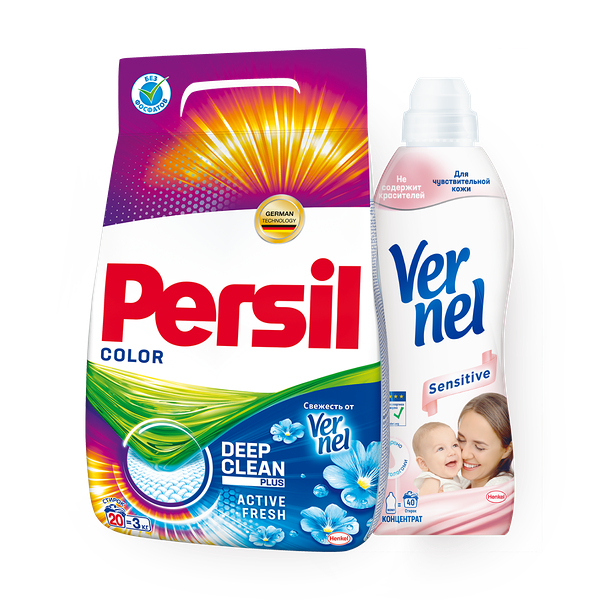 Стиральный порошок Persil Color, 3 kg + Кондиционер для белья Vernel Sensitive концентрированный, 960 ml
