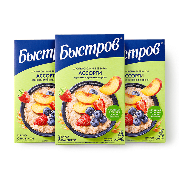 Хлопья овсяные без варки «Быстров» ассорти черника-клубника-персик 6 шт 3 шт