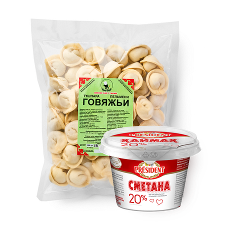 Пельмени из говядины «Вкусно как у мамы», 500 g + Сметана «President» 20%, 200 g