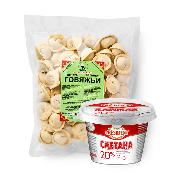 Пельмени из говядины «Вкусно как у мамы», 500 g + Сметана «President» 20%, 200 g