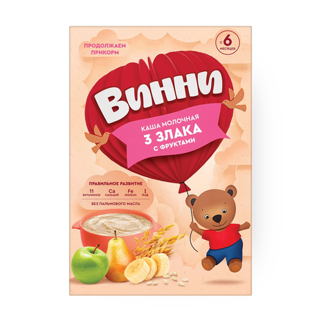 Каша молочная сухая «Винни» растворимая 3 злака с фруктами
