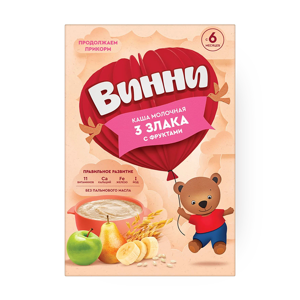 Каша молочная сухая «Винни» растворимая 3 злака с фруктами