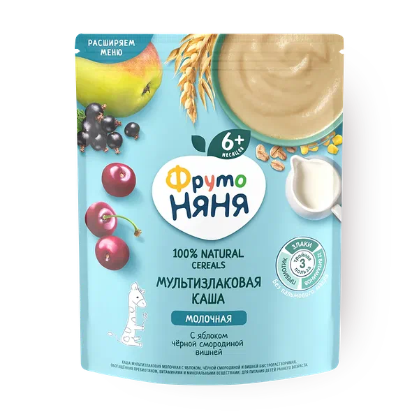 Каша молочная мультизлаковая «ФрутоНяня» яблоко, чёрная смородина и вишня с 6 месяцев
