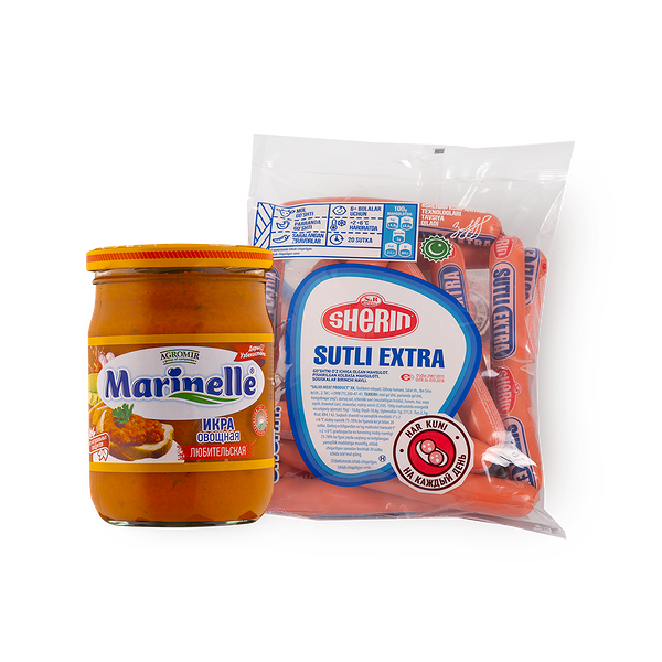 Сосиски молочные экстра Sherin, 700 g + Икра овощная любительская Marinelle, 500 g