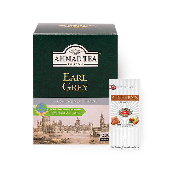 Чай Ahmad Earl Grey, 250 g + Шоколад молочный Blanc Edition Bucheron с орехами, 85 g