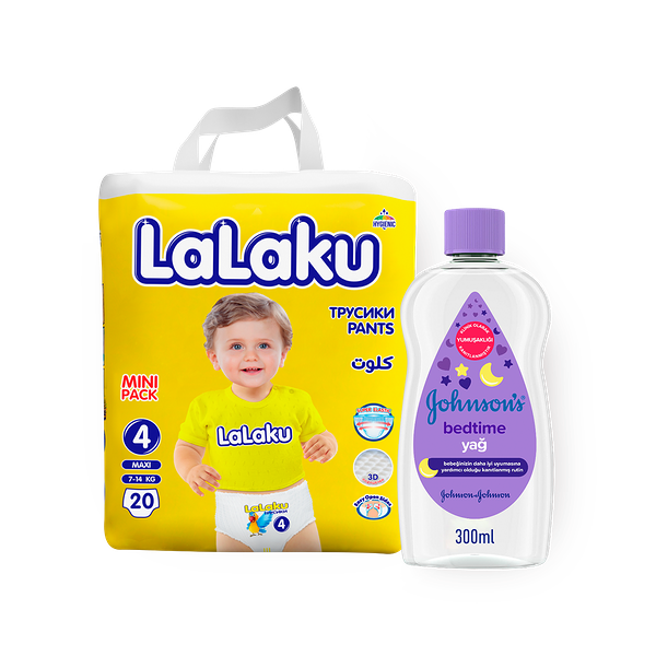 Подгузники-трусики Lalaku мини размер 4 7-14 кг, 20 pc + Масло Johnson пeрeд сном, 300 ml