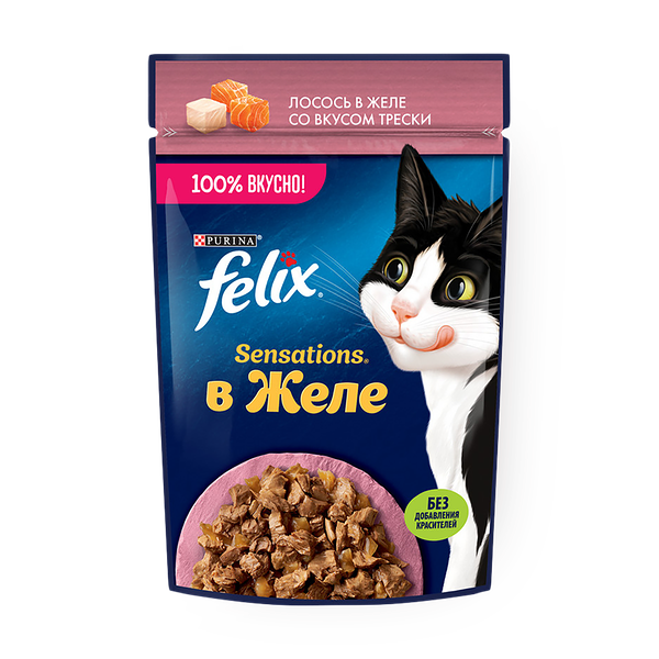 Влажный корм для взрослых кошек Felix Sensations с лососем в желе с добавлением трески