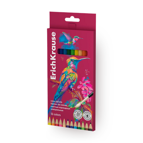 Карандаши акварельные цветные Erich Krause Safari шестигранные с кисточкой 12 цветов