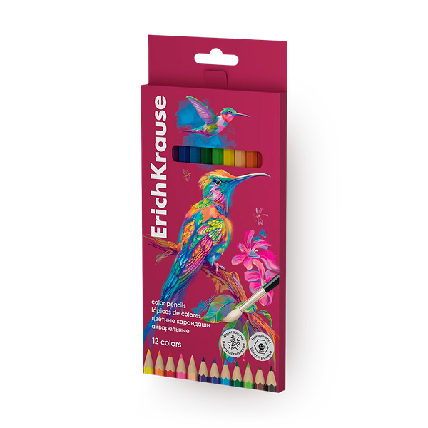 Карандаши акварельные цветные Erich Krause Safari шестигранные с кисточкой 12 цветов